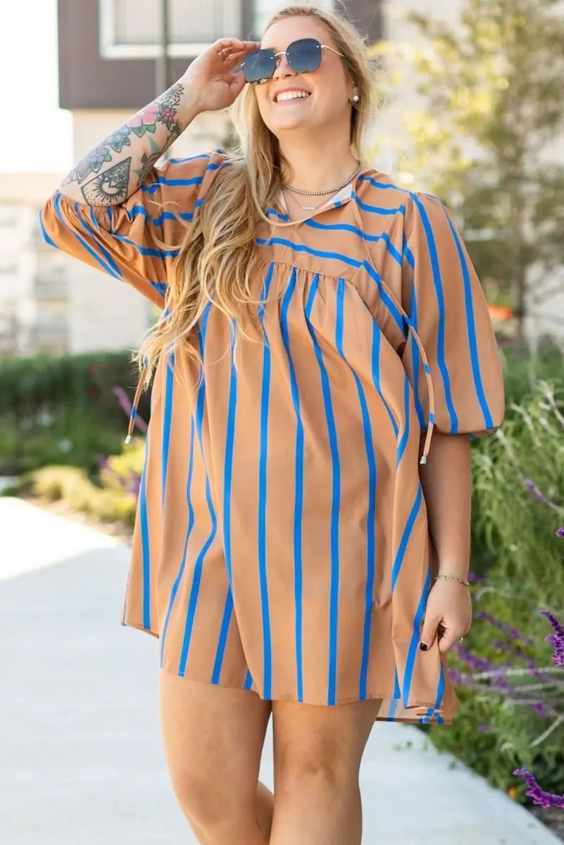 Dresses Love Salve Khaki Stripe Dress Women's Plus Size Babydoll Dress Cute & Comfy