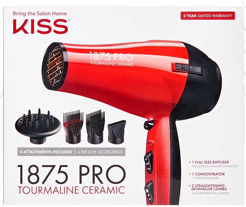 KISS Red Tourmaline Ceramic Hair Dryer Blow Dryer with 4 Styling Attachments