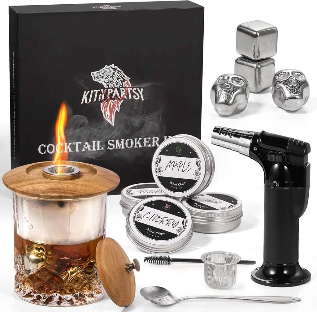 Kitypartsy Cocktail Smoker With Torch, Wood Chips, and Stainless Steel Ice Cubes