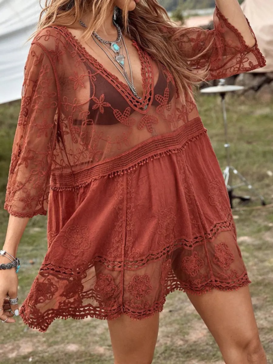 Dresses Trendsi Lace Plunge Beach Cover-Up Women's Dress: Stylish Summer Style