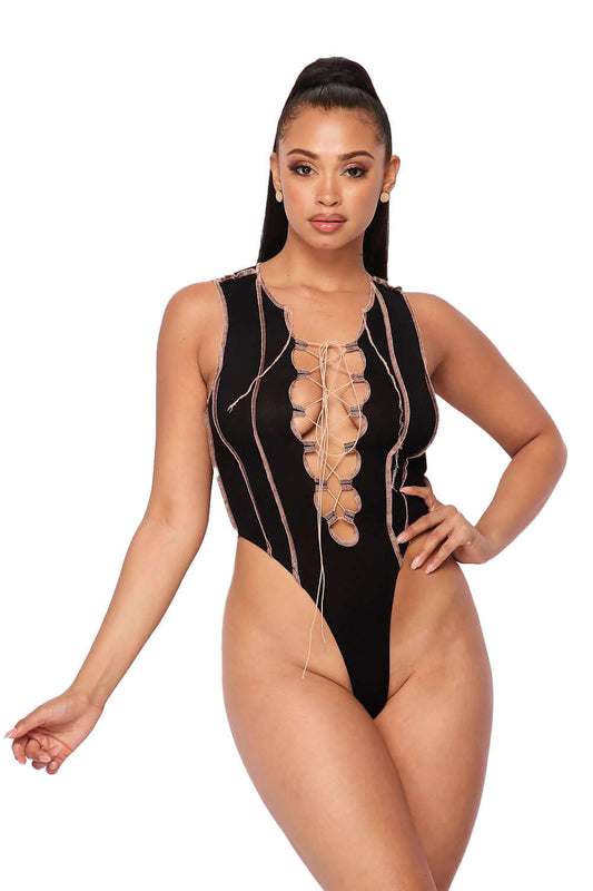 Body de tirantes con cordones - {Negro/Camel}