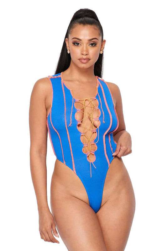 Bodysuit con tiras Lace Up - {Azul Royal/Naranja}