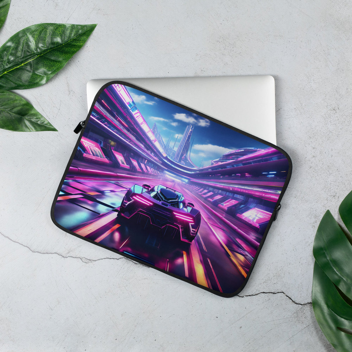 Neon Futuristic Race Car Laptop Sleeve