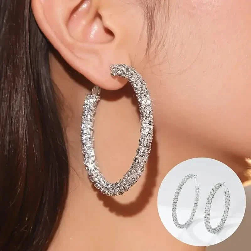 Large Full Rhinestone Silver Hoop Earrings