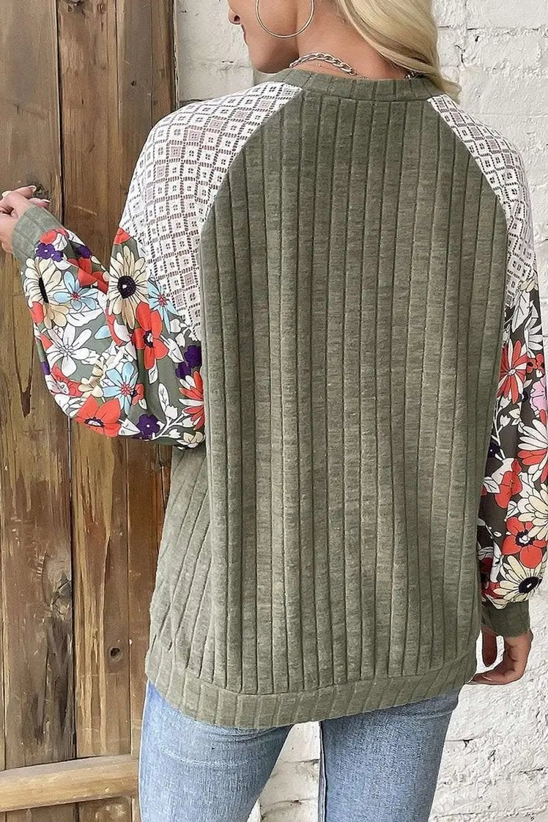 Women's Laurel Green Floral Patchwork Blouse