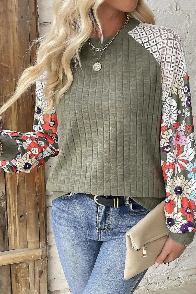 Women's Laurel Green Floral Patchwork Blouse