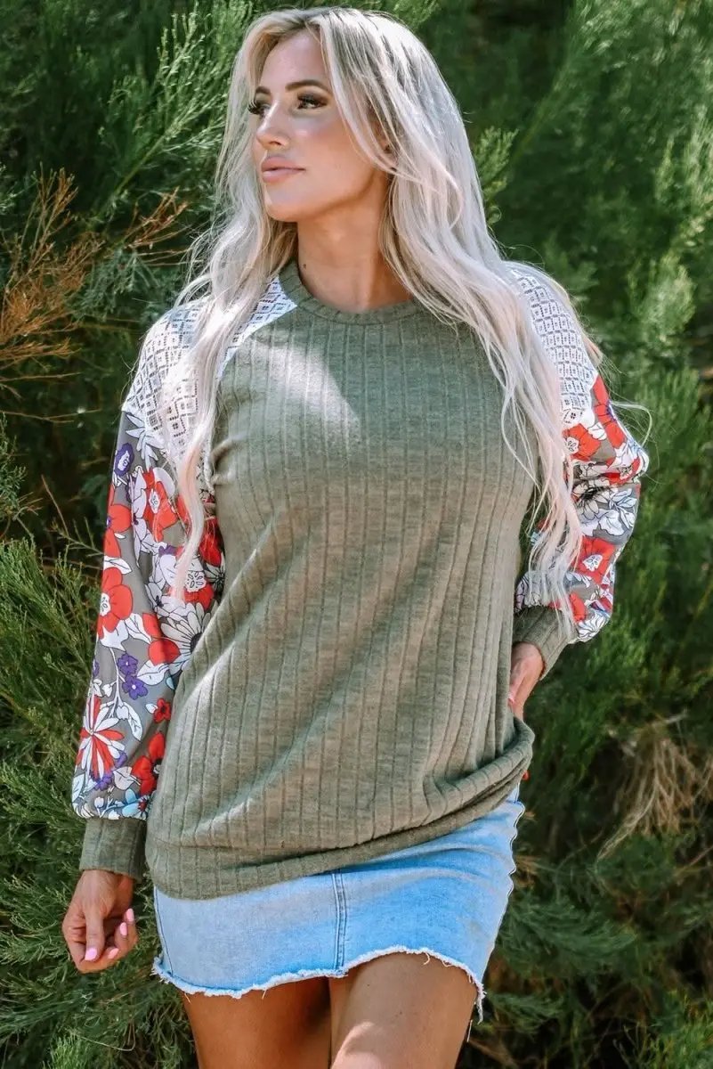 Women's Laurel Green Floral Patchwork Blouse