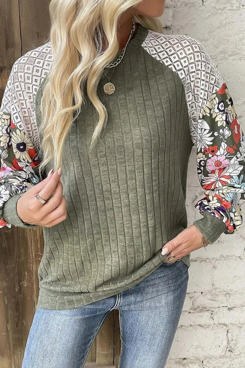 Women's Laurel Green Floral Patchwork Blouse