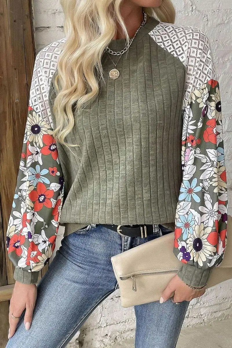 Women's Laurel Green Floral Patchwork Blouse