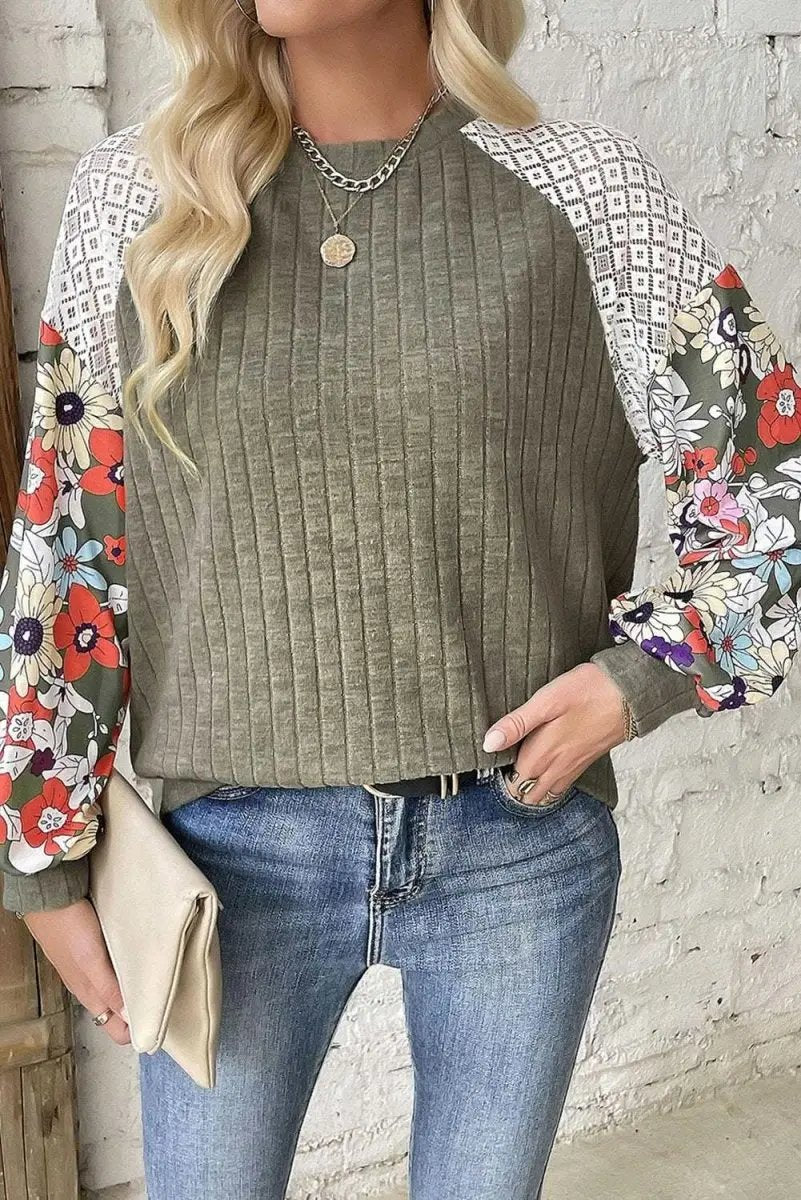Women's Laurel Green Floral Patchwork Blouse