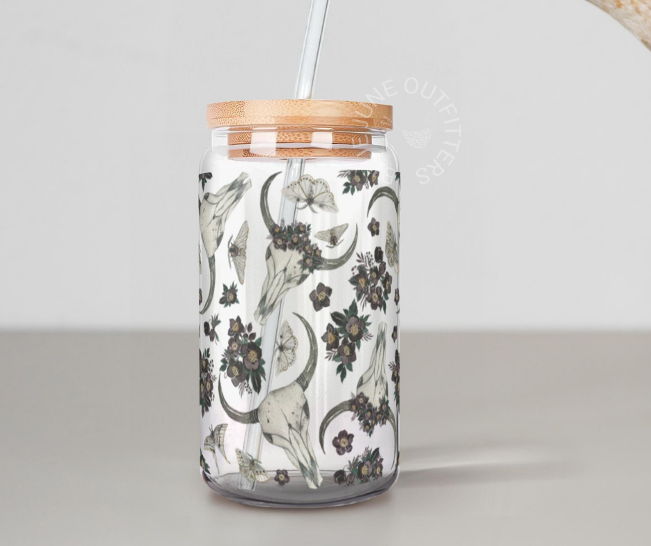 Boho Skull Moths Clear Glass With Lid and Straw