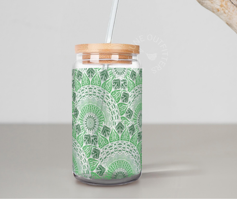 Boho Green Mandalas 16 oz Glass With Lid and Straw