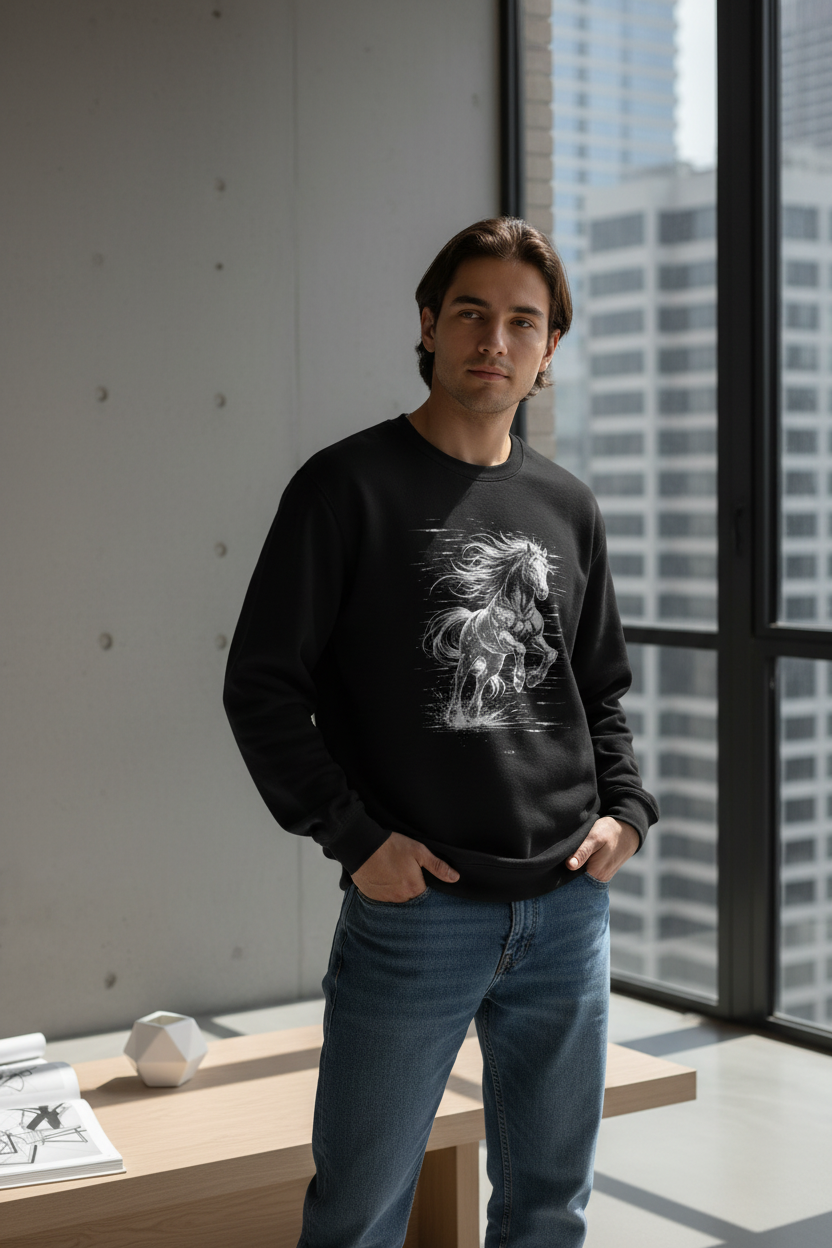 Glitched Horse Sweatshirt | Black White Cyberpunk Motion Unisex