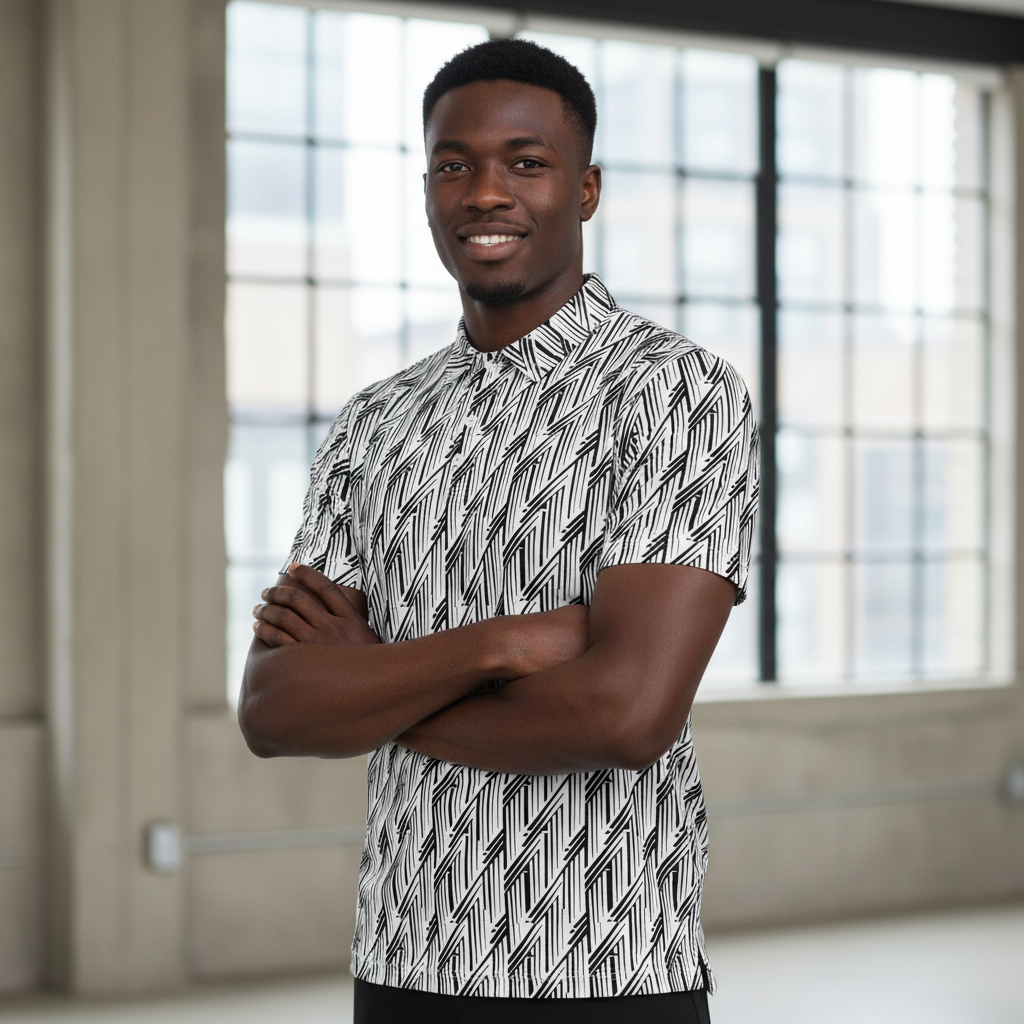 Black and White Glitch Stripe Polo | Minimalist Geometric Slim Fit