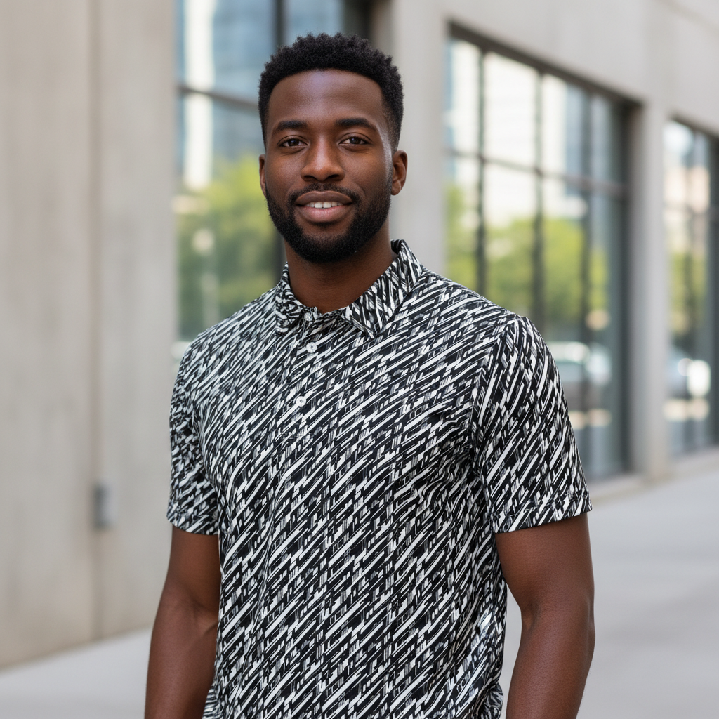 High-Energy Glitch Stripes Polo | Futuristic Black White Slim Fit