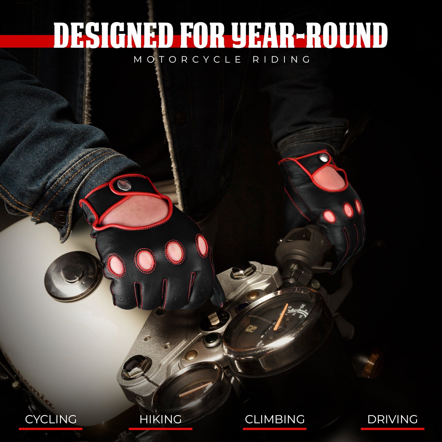 Guantes de Cuero Dark Knight - Diseño de Dedo Completo (Rojo)