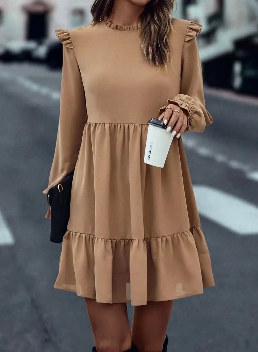 Dresses Love Salve Beige Ruffled Dress Daily Wear Women's A-Line Dress Elegant, Frilled