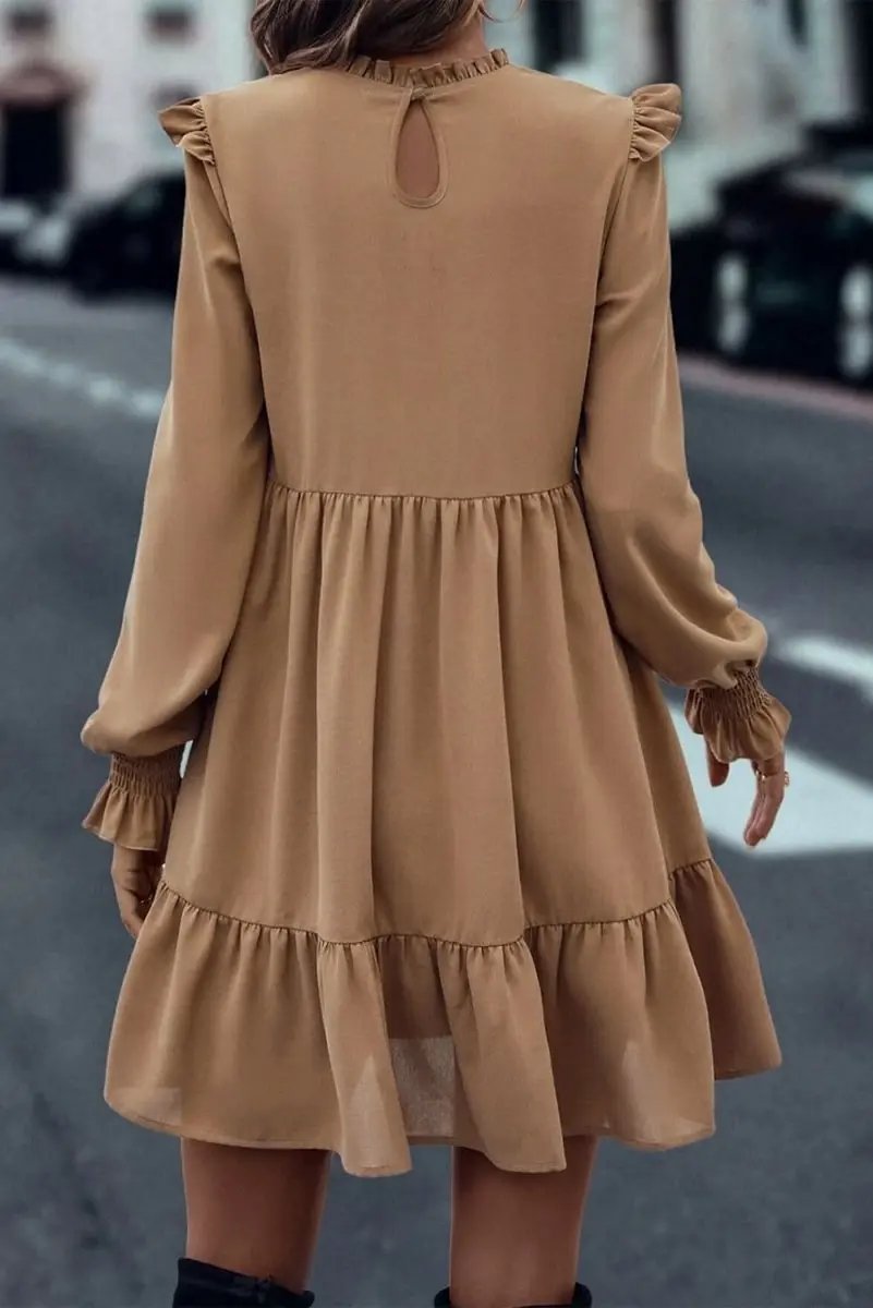 Dresses Love Salve Beige Ruffled Dress Daily Wear Women's A-Line Dress Elegant, Frilled