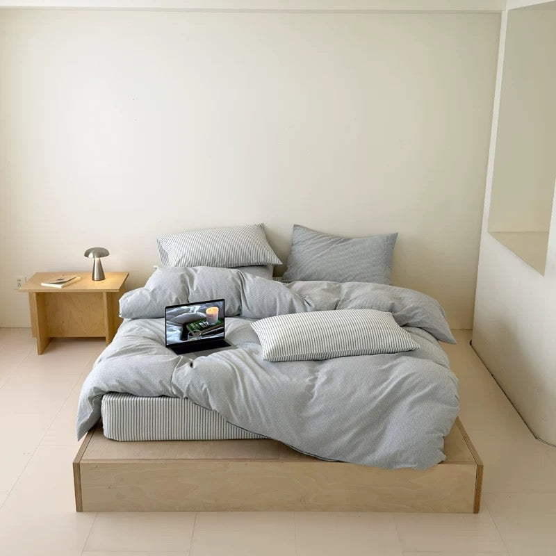 Pistachio Green Striped Duvet Cover Set