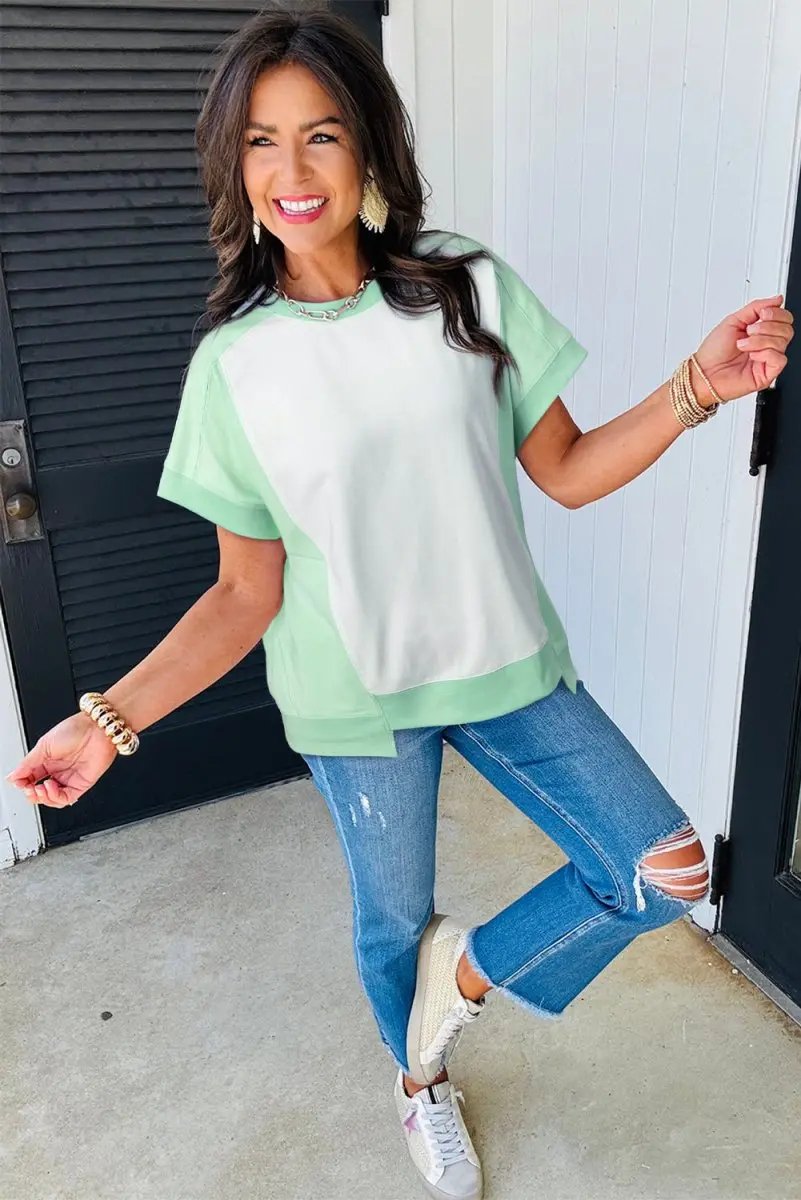 T-Shirts Women's T-Shirt - Green Colorblock Exposed Seam - Casual Summer Tee