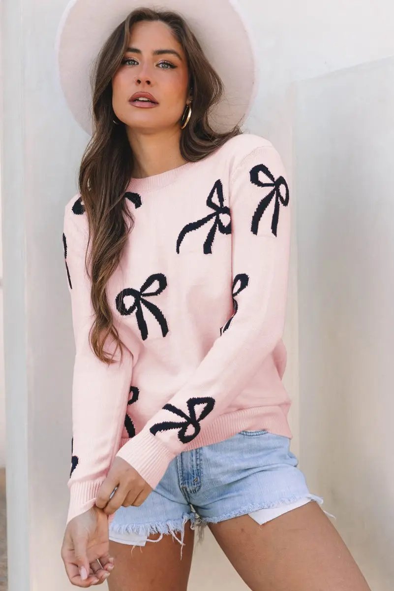 Sweaters Love Salve Pink Bow Knit Women's Sweater Daily Wear Cozy, Soft