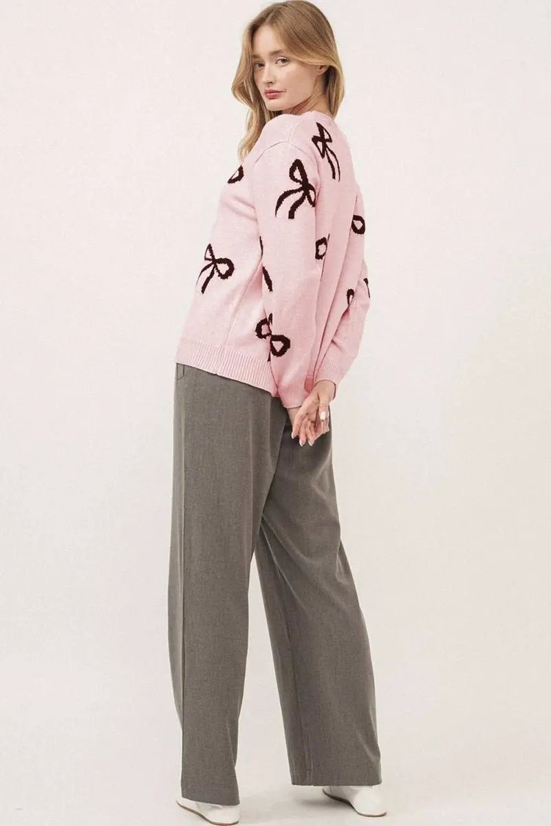 Sweaters Love Salve Pink Bow Knit Women's Sweater Daily Wear Cozy, Soft