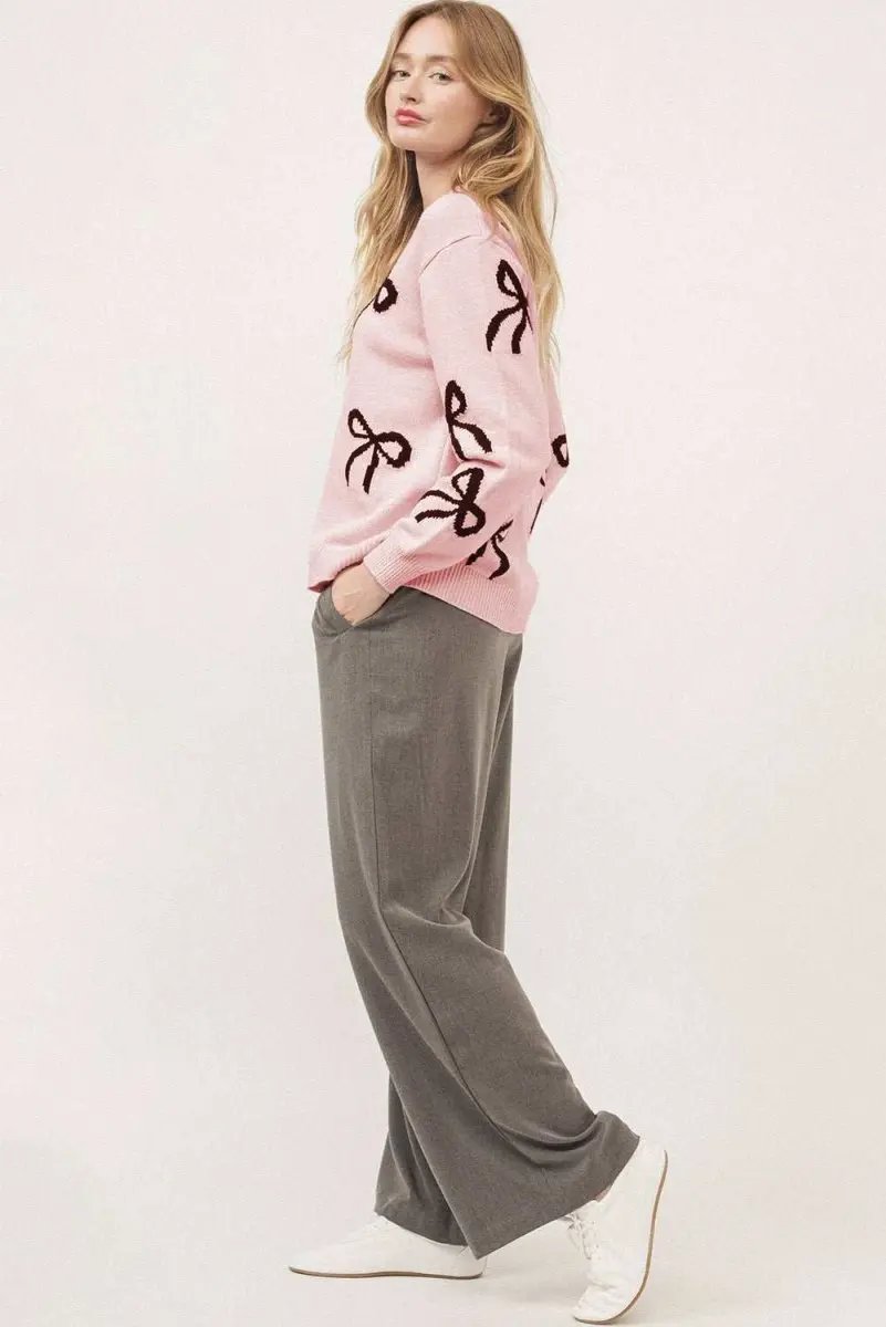 Sweaters Love Salve Pink Bow Knit Women's Sweater Daily Wear Cozy, Soft