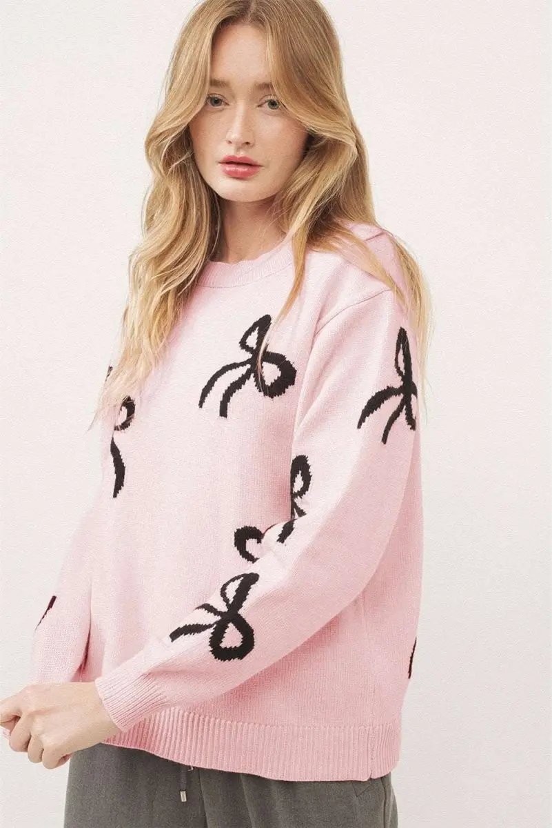 Sweaters Love Salve Pink Bow Knit Women's Sweater Daily Wear Cozy, Soft