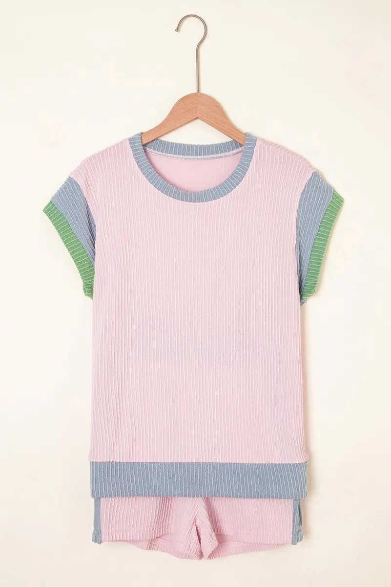 Sweaters Love Salve Pink Corded Set Women's Daily Wear Outfit Boxy Top & Shorts, Comfy