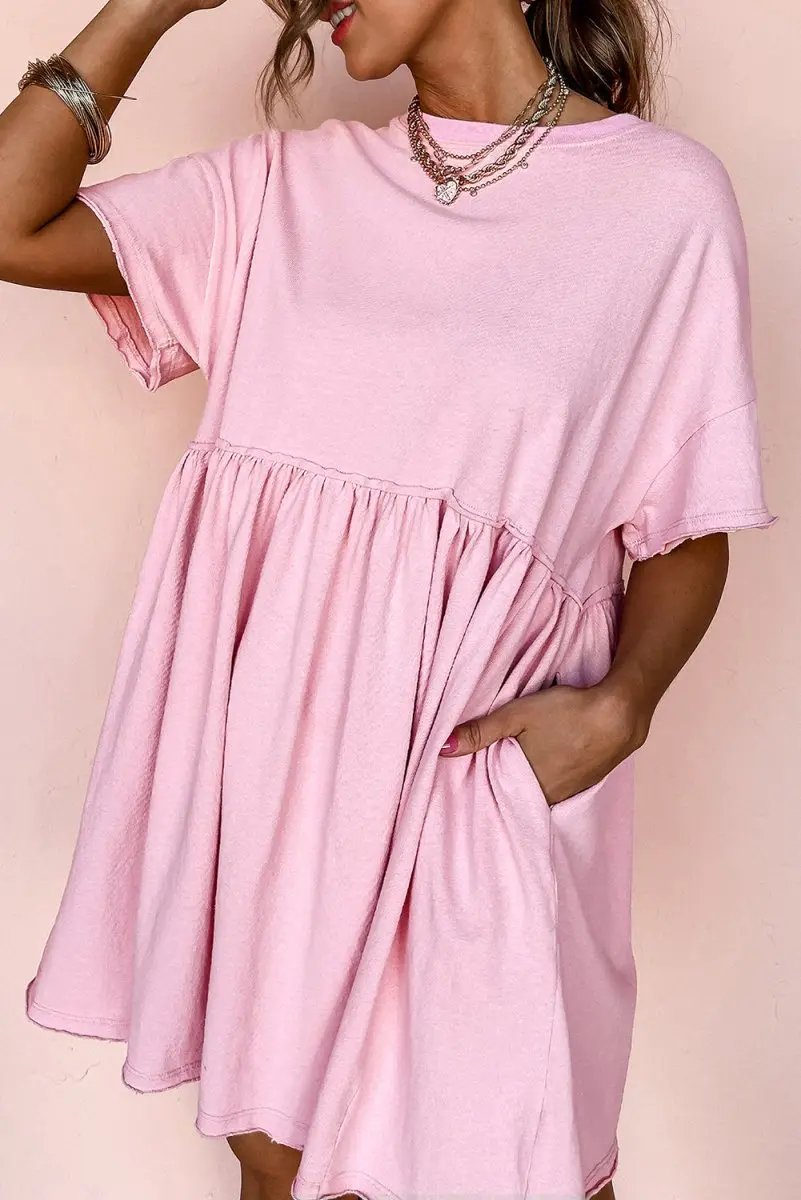 Women's Mini Babydoll Dress Mini Babydoll Dress - Pocketed Raw Edge - Daily Wear