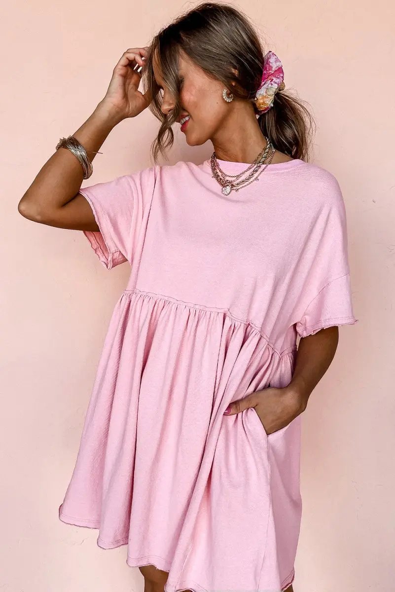 Women's Mini Babydoll Dress Mini Babydoll Dress - Pocketed Raw Edge - Daily Wear