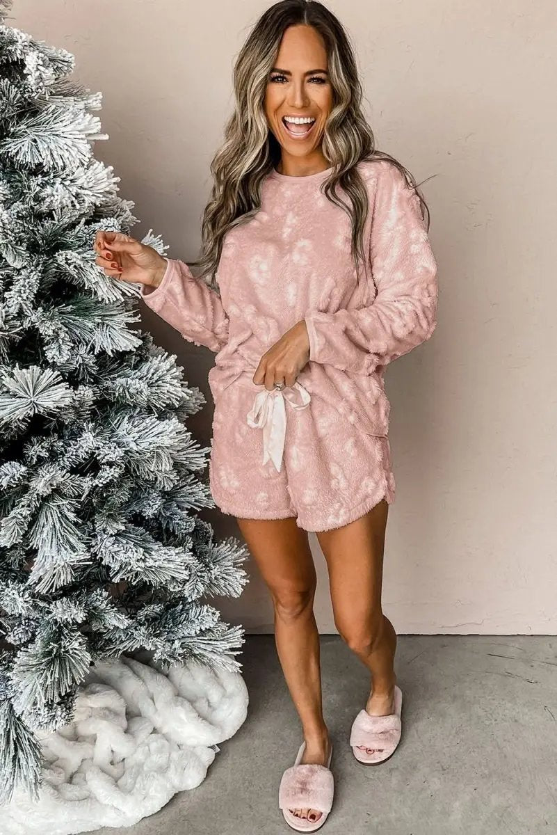 Accessories Love Salve Pink Leopard Fleece Women's Lounge Set Home Casual Two-Piece Cozy Soft