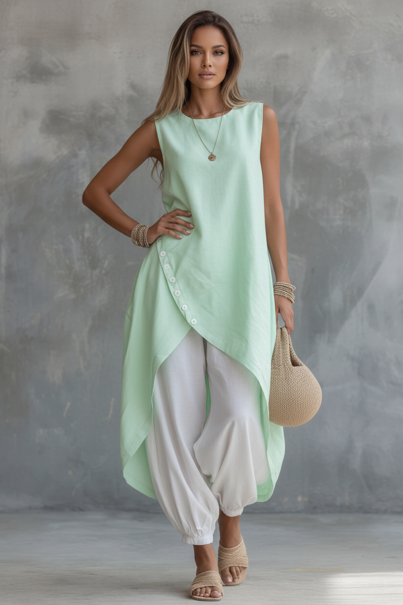 Casual Women Summer 2PCS Matching Set O-Neck Irregular Long Shirt