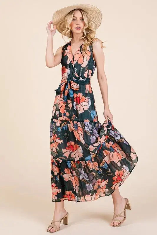 Dresses Trendsi Lime Floral Dress Women's Summer Maxi Dress Tie Waist Sleeveless