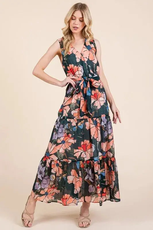 Dresses Trendsi Lime Floral Dress Women's Summer Maxi Dress Tie Waist Sleeveless