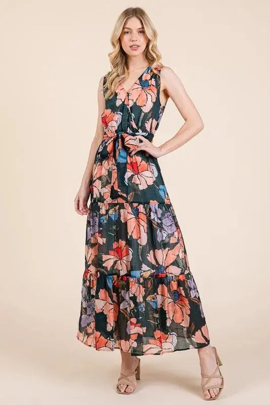 Dresses Trendsi Lime Floral Dress Women's Summer Maxi Dress Tie Waist Sleeveless