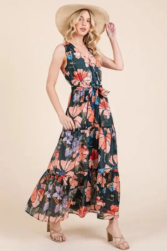 Dresses Trendsi Lime Floral Dress Women's Summer Maxi Dress Tie Waist Sleeveless