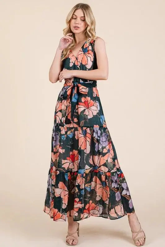 Dresses Trendsi Lime Floral Dress Women's Summer Maxi Dress Tie Waist Sleeveless