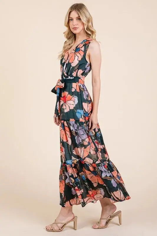 Dresses Trendsi Lime Floral Dress Women's Summer Maxi Dress Tie Waist Sleeveless