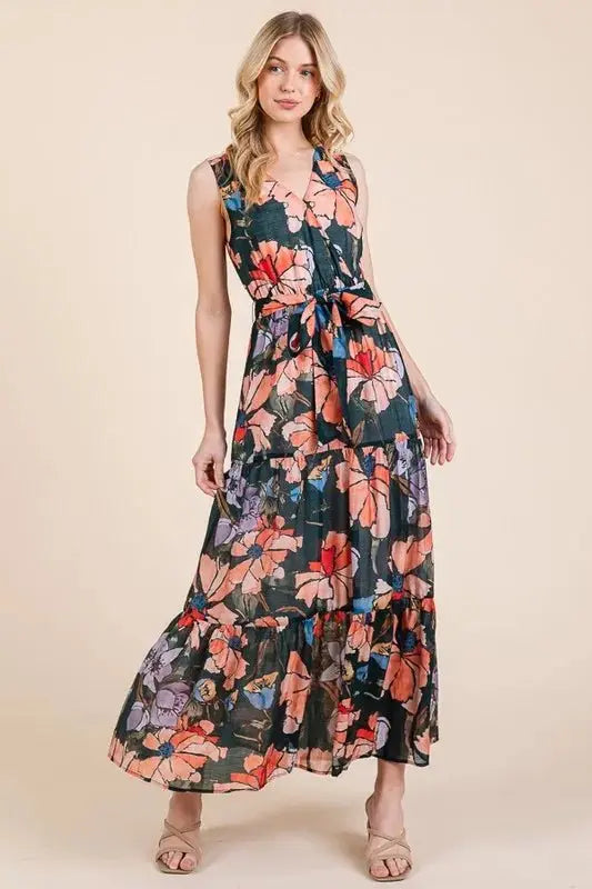 Dresses Trendsi Lime Floral Dress Women's Summer Maxi Dress Tie Waist Sleeveless