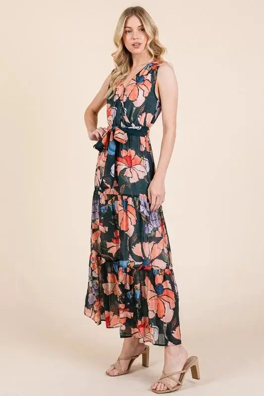 Dresses Trendsi Lime Floral Dress Women's Summer Maxi Dress Tie Waist Sleeveless
