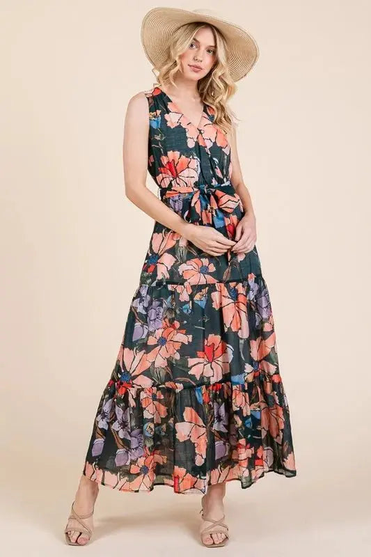Dresses Trendsi Lime Floral Dress Women's Summer Maxi Dress Tie Waist Sleeveless