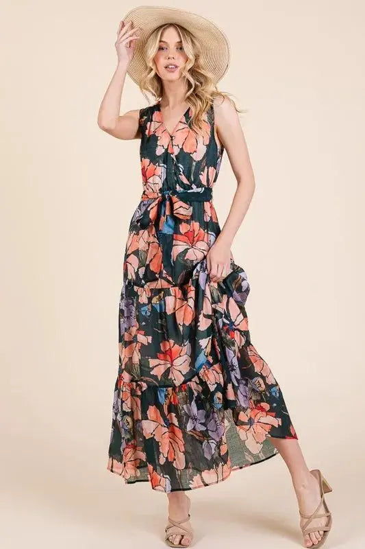 Dresses Trendsi Lime Floral Dress Women's Summer Maxi Dress Tie Waist Sleeveless
