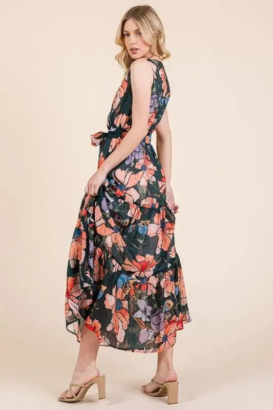 Dresses Trendsi Lime Floral Dress Women's Summer Maxi Dress Tie Waist Sleeveless