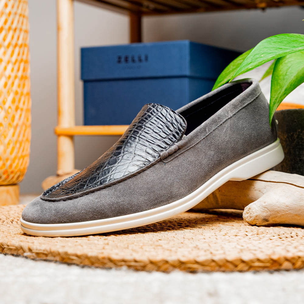 11-603-GRY BENE Mocasín de piel de cabra italiana agamuzada y cocodrilo gris