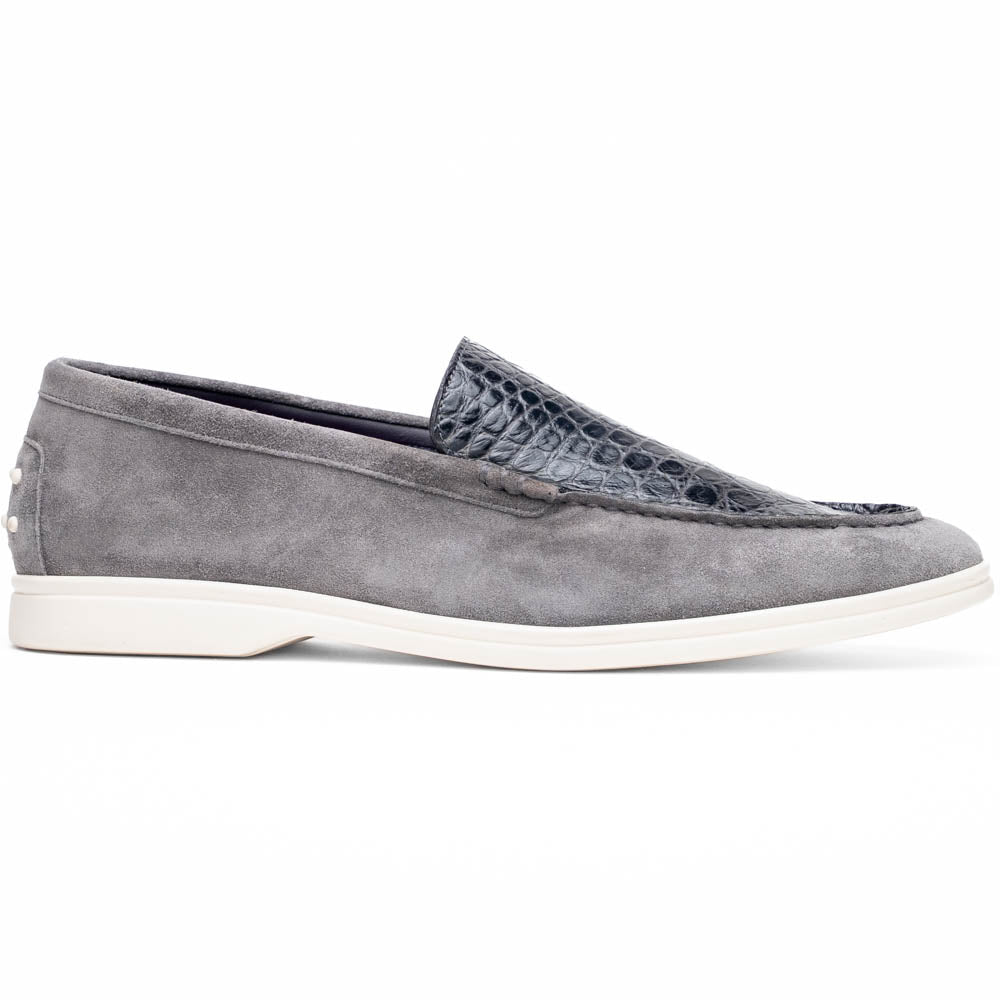 11-603-GRY BENE Mocasín de piel de cabra italiana agamuzada y cocodrilo gris