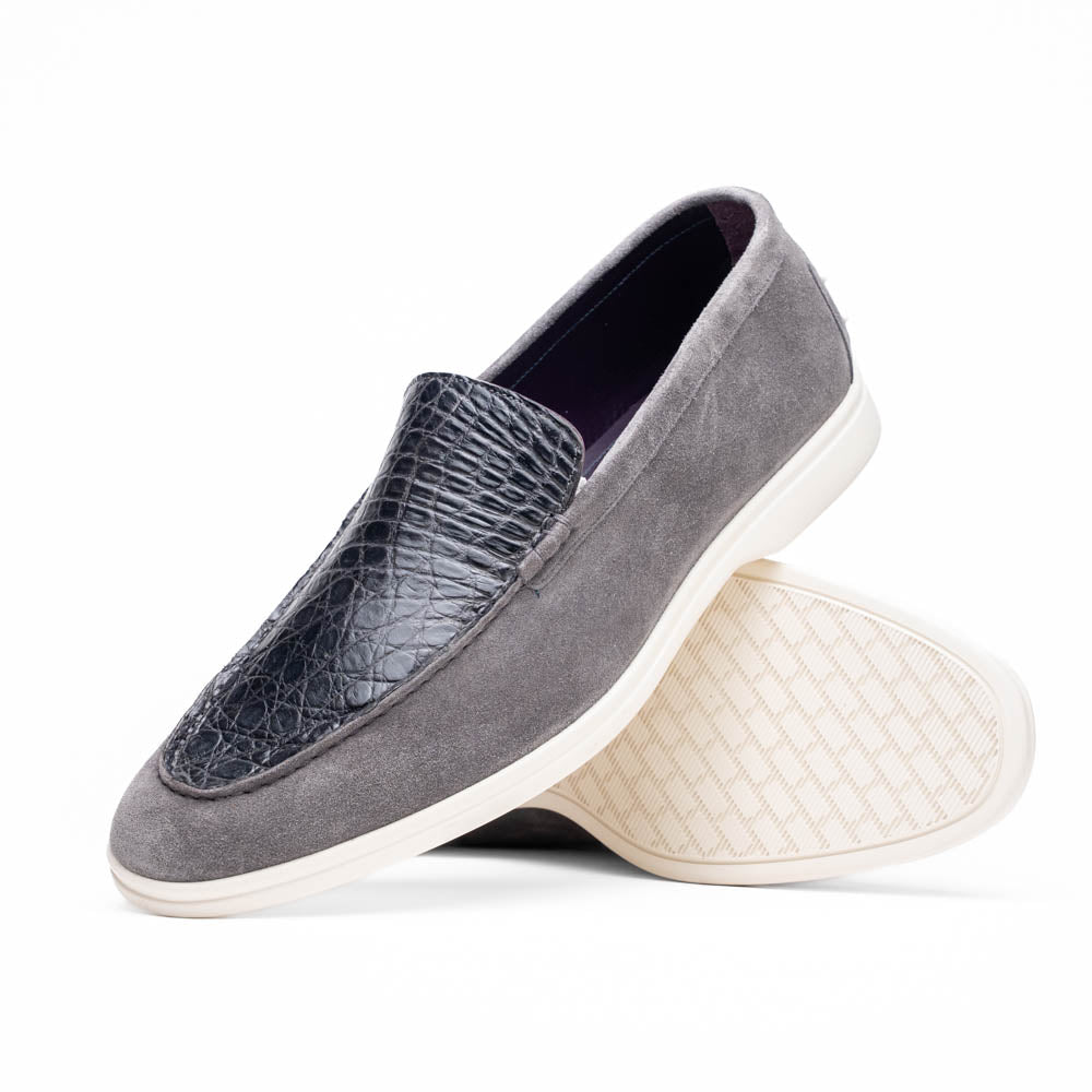 11-603-GRY BENE Mocasín de piel de cabra italiana agamuzada y cocodrilo gris