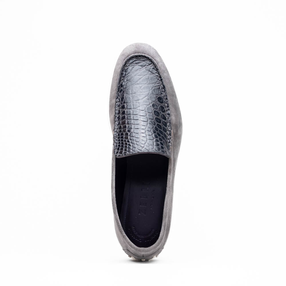 11-603-GRY BENE Mocasín de piel de cabra italiana agamuzada y cocodrilo gris