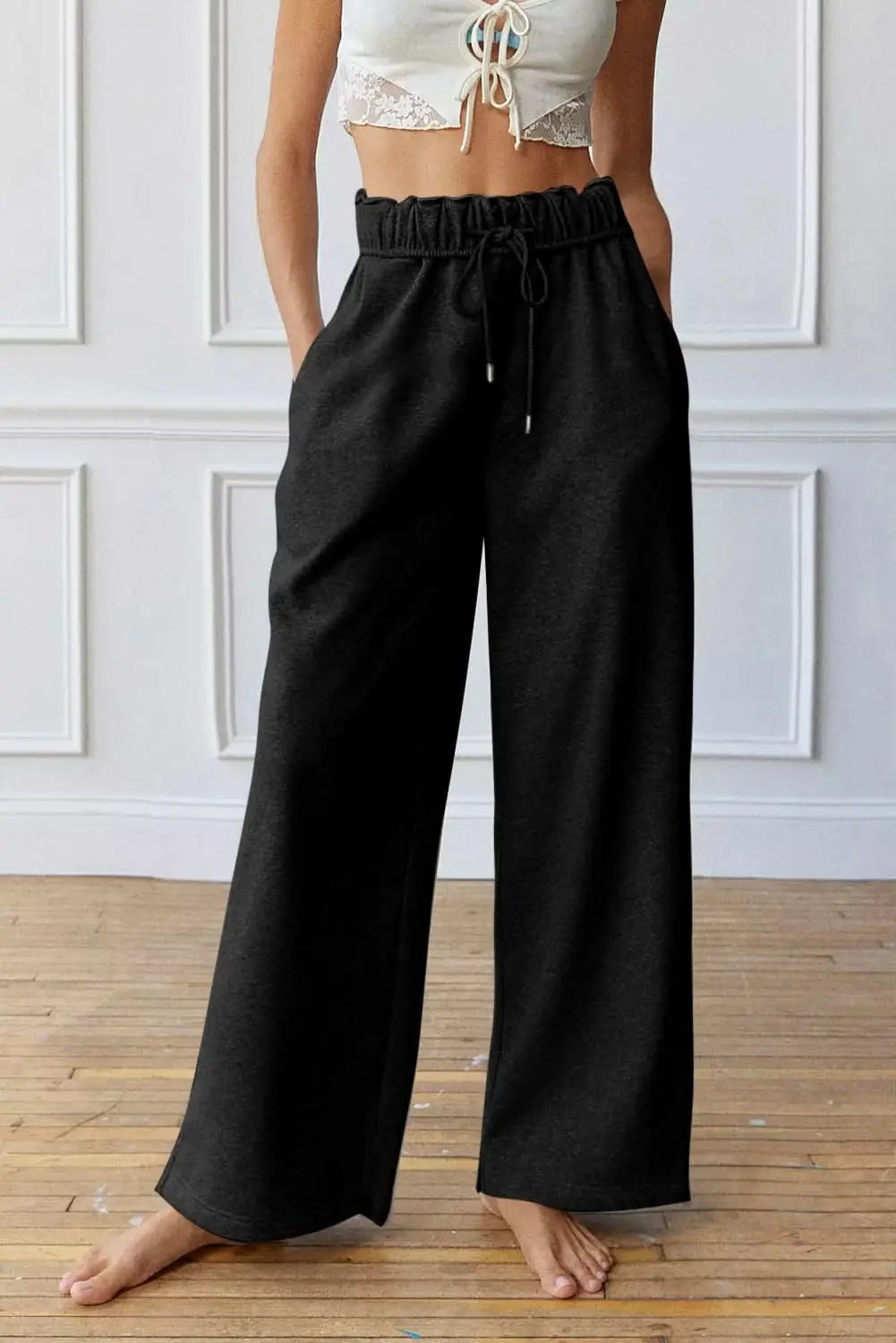 Love Salve Black High-Waist Women's Sweatpants Loungewear Casual Winter Wide Leg