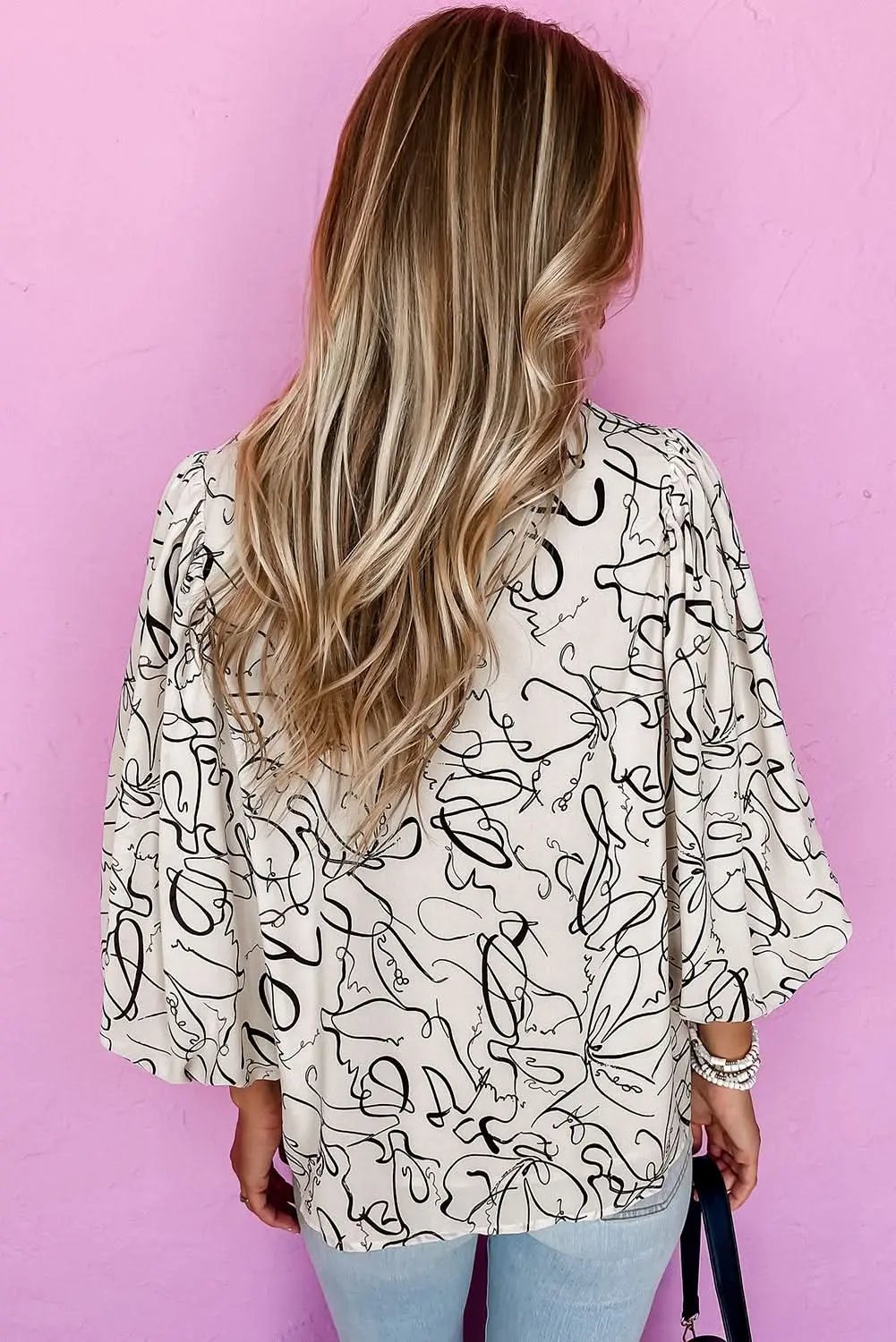 Clothing & Apparel Love Salve Beige Abstract Print Blouse with Balloon Sleeves